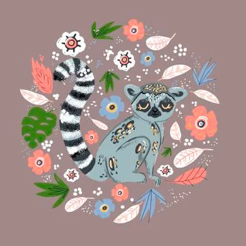 Cute funny ring-tailed lemur and tropical plant. Madagascar exotic Lemur catta Stock Illustration