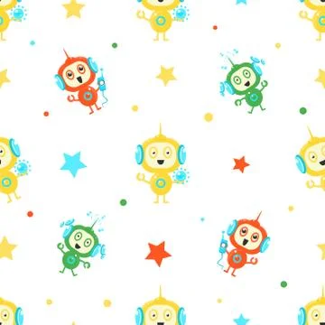 Cute Funny Robots Seamless Pattern, Friendly Alien or Robot Design Element Can 스톡 일러스트