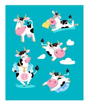 Cute funny set cows. Vector illustration, cartoon animal characters. Isolated Stock Illustration