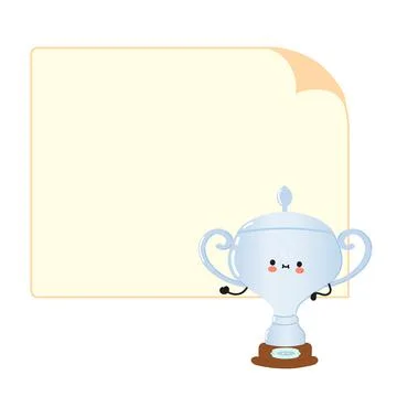 Cute funny silver trophy cup character with speech bubble. Vector hand drawn  Stock Illustration