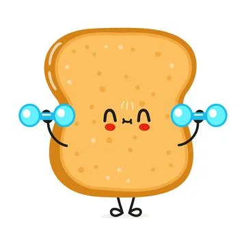 Cute funny sliced toast bread character with dumbbells. Vector hand drawn car Stockillustratie