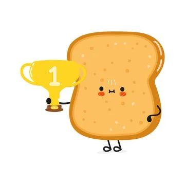 Cute funny sliced toast bread hold gold trophy cup. Vector hand drawn cartoon Illustrazione stock