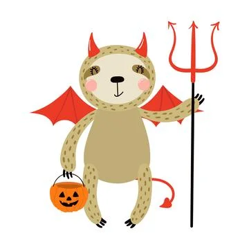 Cute funny sloth in devil Halloween costume character illustration. Stock Illustration