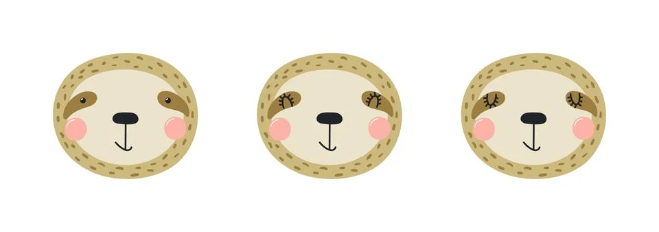 Cute funny sloth faces illustrations set. Stock Illustration