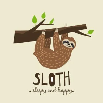 Cute funny sloth hanging on the tree. Sleepy and happy. Adorable hand drawn Illustrazione stock