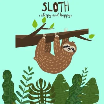 Cute funny sloth hanging on the tree. Sleepy and happy. Adorable hand drawn Stock Illustration