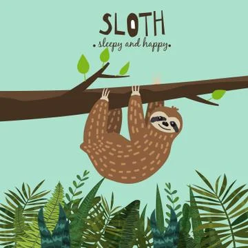 Cute funny sloth hanging on the tree. Sleepy and happy. Adorable hand drawn Stock Illustration
