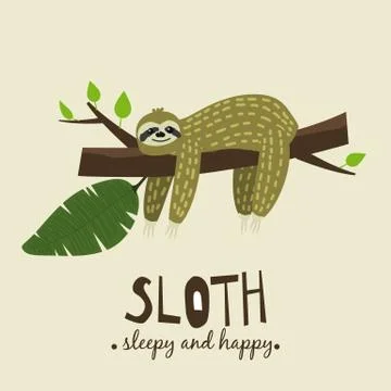 Cute funny sloth hanging on the tree. Sleepy and happy. Adorable hand drawn Stock Illustration