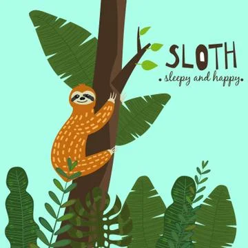 Cute funny sloth hanging on the tree. Sleepy and happy. Adorable hand drawn Stock Illustration