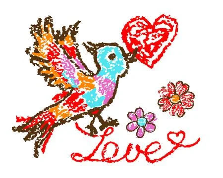 Cute funny smiling bird with red heart. Stock Illustration