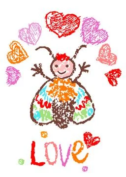 Cute funny smiling butterfly elf with red pink heart. Stock Illustration