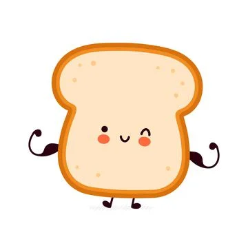 Cute funny strong bread toast show muscle character. Vector flat line cartoon Stock Illustration