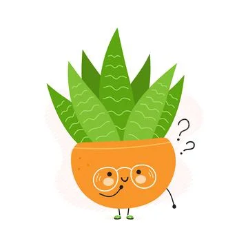 Cute funny Succulent in a pot with question marks. Vector hand drawn cartoon Stock Illustration