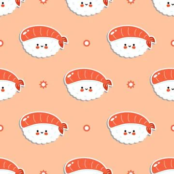 Cute funny sushi concept seamless blue pattern. Vector hand drawn cartoon kaw 스톡 일러스트