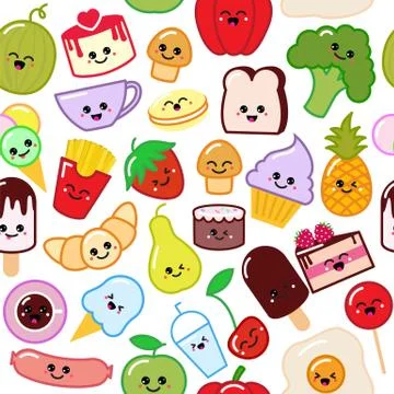 Cute funny sweet seamless pattern smiley food in vector character happy tasty Stock Illustration