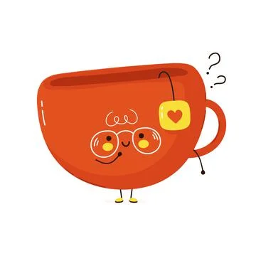 Cute funny Tea cup with question marks. Vector hand drawn cartoon kawaii Stock Illustration