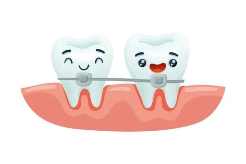 Cute funny teeth characters with braces. Oral care, orthodontic treatment, teeth Stock Illustration