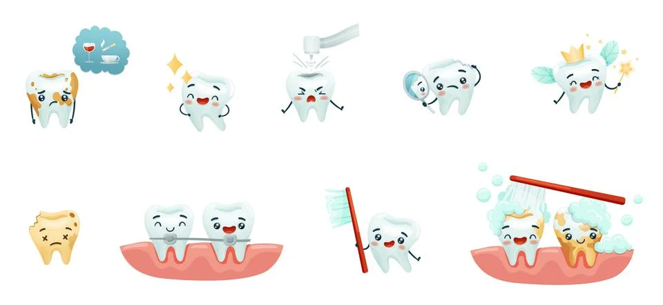 Cute funny teeth characters set. Mouth hygiene, teeth restoration concept Stock Illustration