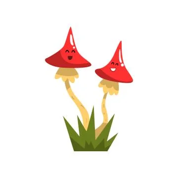 Cute funny toadstool mushroom characters with funny faces vector Illustration on 스톡 일러스트