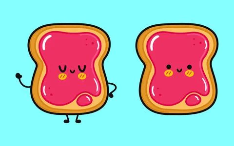 Cute funny Toast piece of bread with jam. Vector hand drawn cartoon kawaii .. Stock Illustration