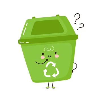 Cute funny trash recycle bin character with question marks. Vector hand drawn Stock Illustration