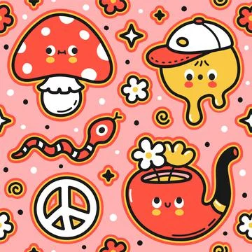 Cute funny trippy seamless pattern. Vector flat cartoon kawaii character Stock Illustration