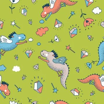 Cute  funny vector  seamless pattern.  hand drawn doodle dragon Stock Illustration