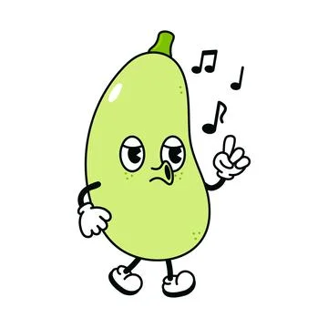 Cute funny vegetable marrow walking singing character. Vector hand drawn trad Stock Illustration