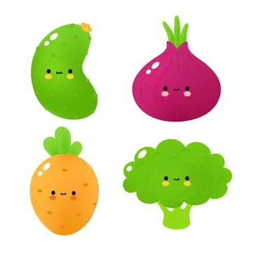 Cute funny vegetable set collection. Vector cartoon kawaii character Stock Illustration