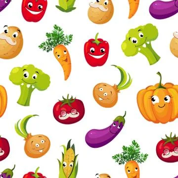 Cute Funny Vegetables Seamless Pattern, Potato, Broccoli, Tomato, Eggplant イラスト素材