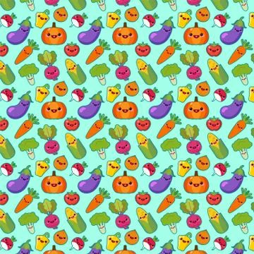 Cute funny vegetables vector seamless pattern. Bright vegetables on blue Stock Illustration
