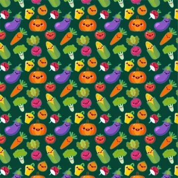 Cute funny vegetables vector seamless pattern. Bright vegetables on dark Illustrazione stock
