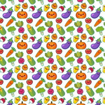 Cute funny vegetables vector seamless pattern. Bright vegetables on white Stock Illustration
