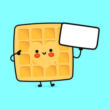 Cute funny waffles with poster. Vector hand drawn cartoon kawaii character il Illustrazione stock