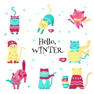 Cute funny winter cats vector isolated illustration Stock Illustration