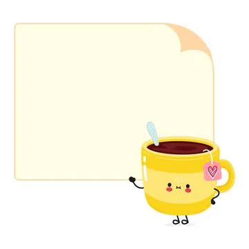 Cute funny yellow cup of tea character with speech bubble. Vector hand drawn  스톡 일러스트
