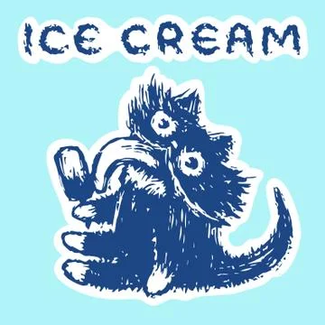 Cute fur cat eats ice cream.  Stock Illustration