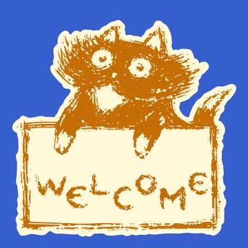 Cute fur friendly cat with tablet welcome.  Stock Illustration
