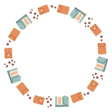 Cute gardening vector circular frame made of seed packets, pots, soil dots Stock Illustration