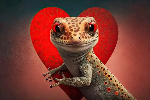 Cute  Gecko, isolated on a background with red hearts Stock Illustration