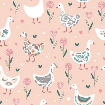 Cute geese or ducks with various patterns on their plumage on pink background Stock Illustration