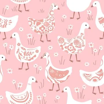 Cute geese or ducks with various patterns on their plumage walking in the g.. Stock Illustration