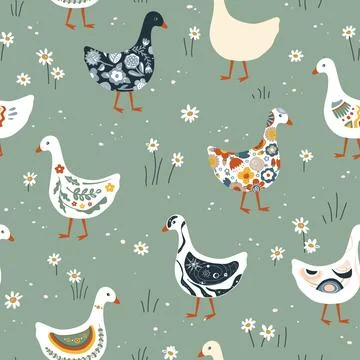 Cute geese or ducks with various patterns on their plumage walking in the gra Stock Illustration