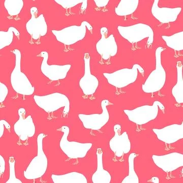 Cute geese seamless pattern. Trendy goose collection on pink background. Vector Stock Illustration