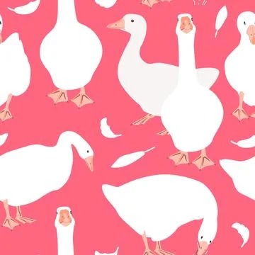 Cute geese seamless pattern. Trendy goose collection on pink background. Vector Stock Illustration