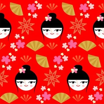 Cute geisha seamless pattern Stock Illustration