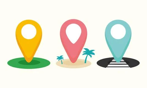 Cute Geographic Map Pointers with Island Scenery for Digital Travel Guides 스톡 일러스트