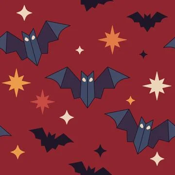 Cute geometric bat and star seamless pattern for halloween on red. Stock Illustration