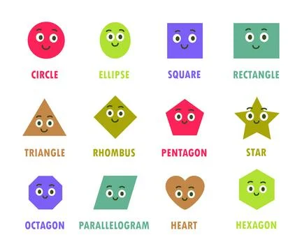 Cute geometric shapes with smiling faces. Fun educational vector for children Stock Illustration