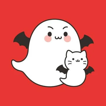 Cute Ghost And Cat With Bat Wings On Red Background Illustrazione stock